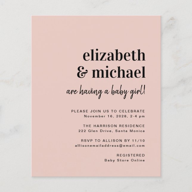 Budget Couples Baby Girl Shower Invitation (Front)