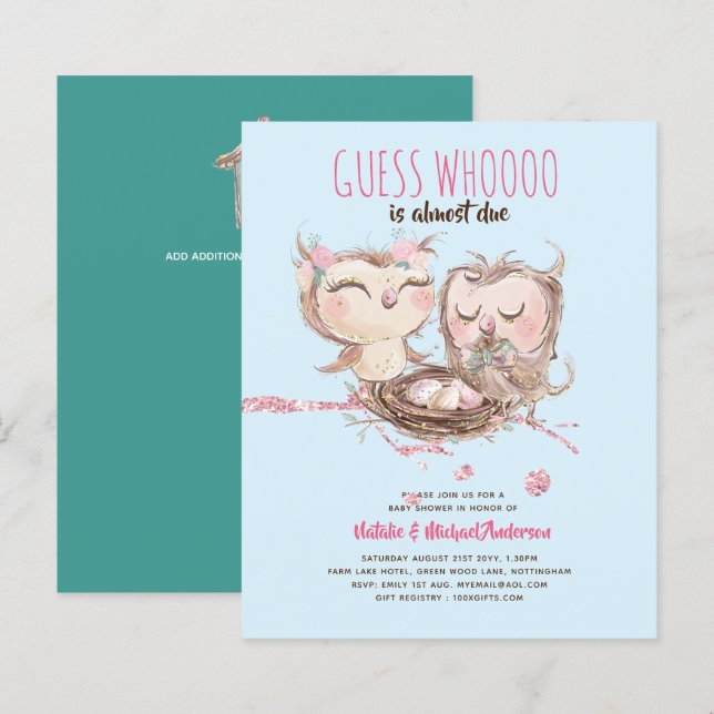 BUDGET Couples Baby Shower Cute Owls Woodland Inv. (Front/Back)