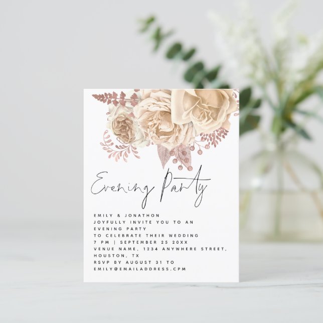 BUDGET Cream Florals Wedding Evening Party Invite (Standing Front)