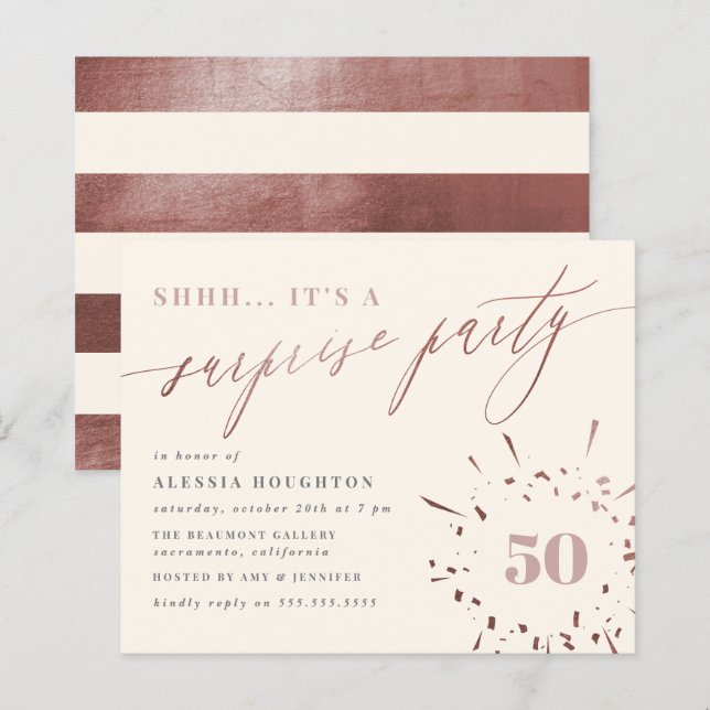 Budget Cream & Rose Gold Script Surprise Party (Front/Back)