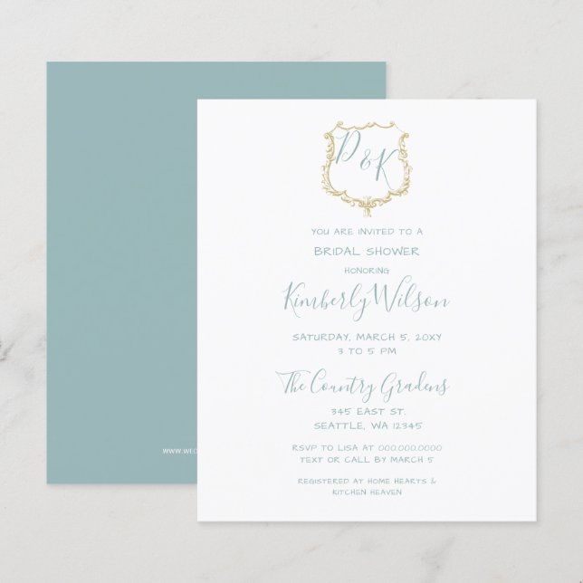 Budget Crest Dusty blue Bridal Shower Invitation (Front/Back)