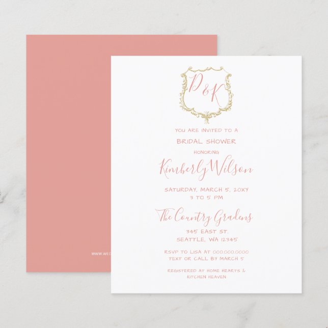 Budget Crest Gold Blush Bridal Shower Invitation (Front/Back)