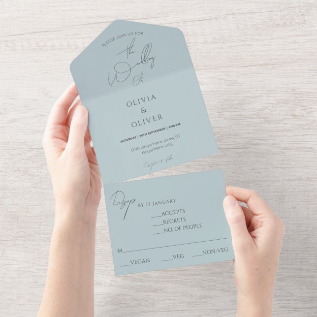 Budget, custom monogram, dusty blue rsvp wedding all in one invitation (Tearaway)