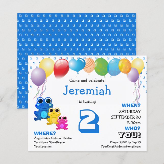 Budget Cute Blue Boys 2nd Birthday Invitation (Front/Back)