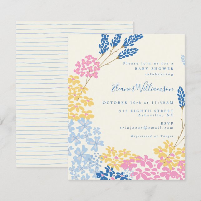 Budget Cute Blue Yellow Flowers Baby Shower Invite (Front/Back)