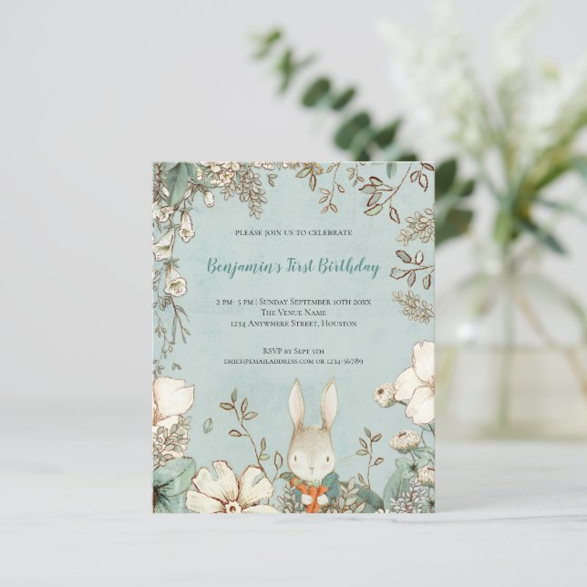 Budget Cute Bunny Foliage 1st Birthday Boy Invite (Standing Front)
