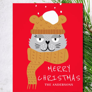 Budget Cute Cat Red Christmas Card