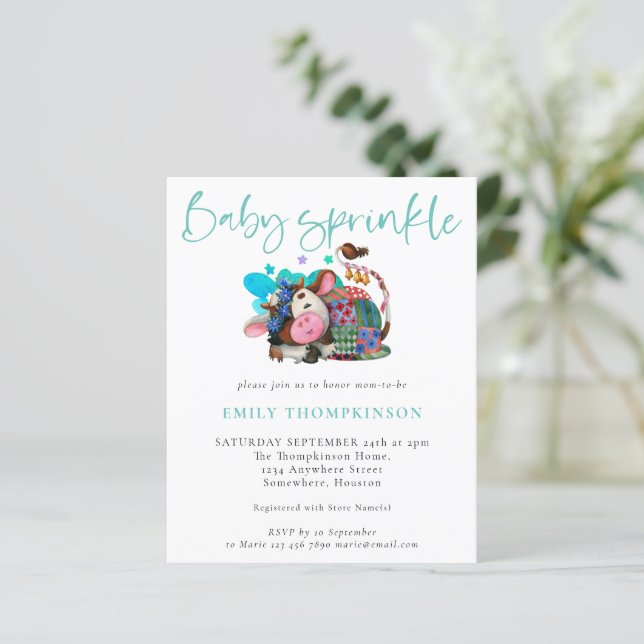 Budget Cute Cow Sleeping Teal Baby Sprinkle Invite (Standing Front)