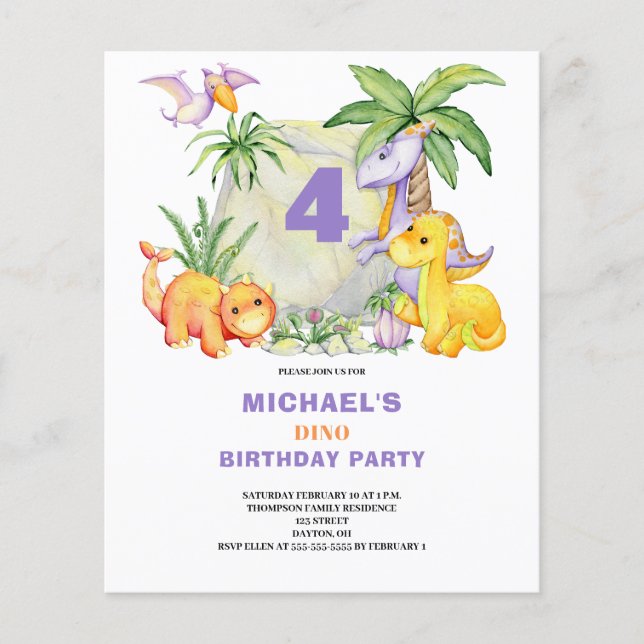 Budget Cute Dinosaur 4th Birthday Invitation (Front)