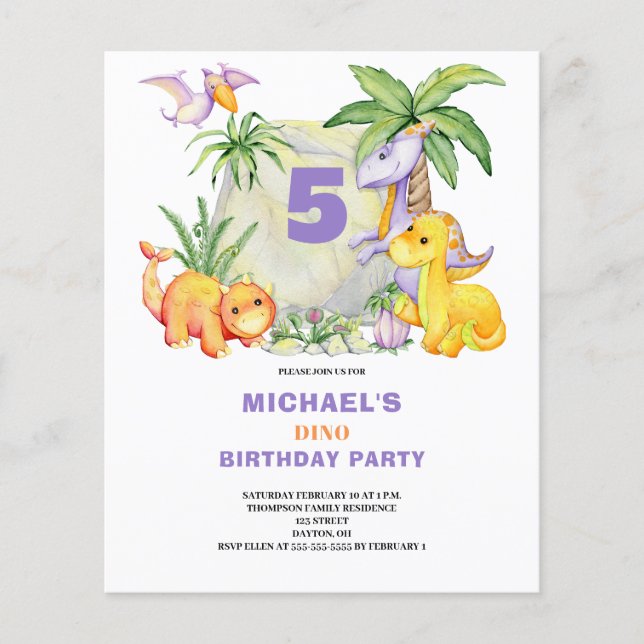 Budget Cute Dinosaur 5th Birthday Invitation (Front)
