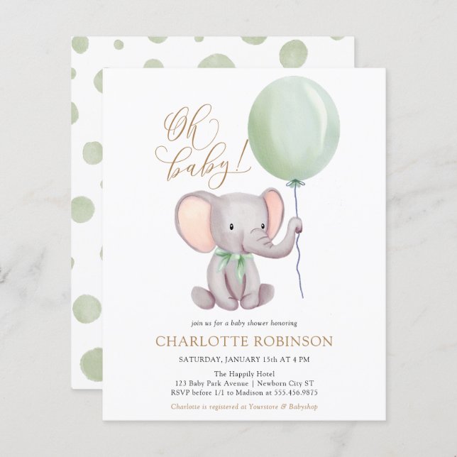 Budget Cute Elephant Baby Shower Invitation (Front/Back)