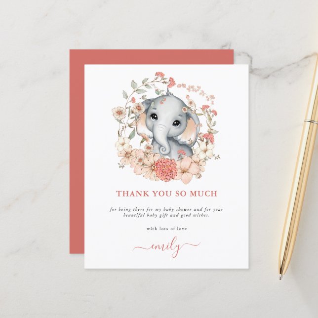 Budget Cute Elephant Coral Baby Shower Thank You (Front/Back In Situ)