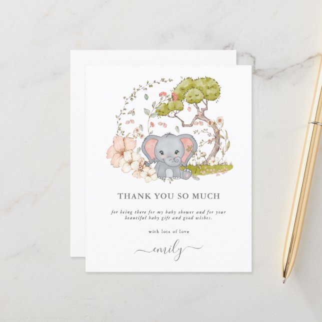 Budget Cute Elephant Florals Baby Shower Thank You (Front/Back In Situ)