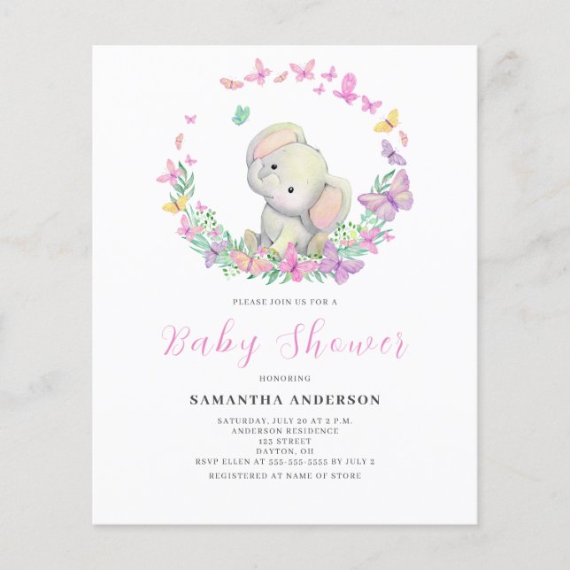 Budget Cute Elephant Girl Baby Shower Invitation  Flyer (Front)