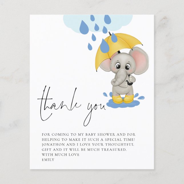 BUDGET Cute Elephant Rain Baby Shower Thank You (Front)