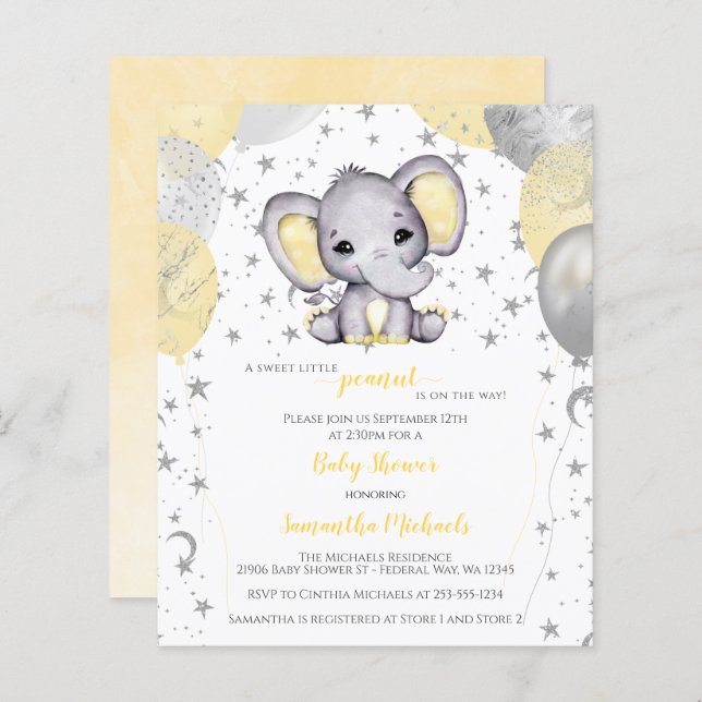 BUDGET Cute Elephant Yellow Balloons Baby Shower (Front/Back)