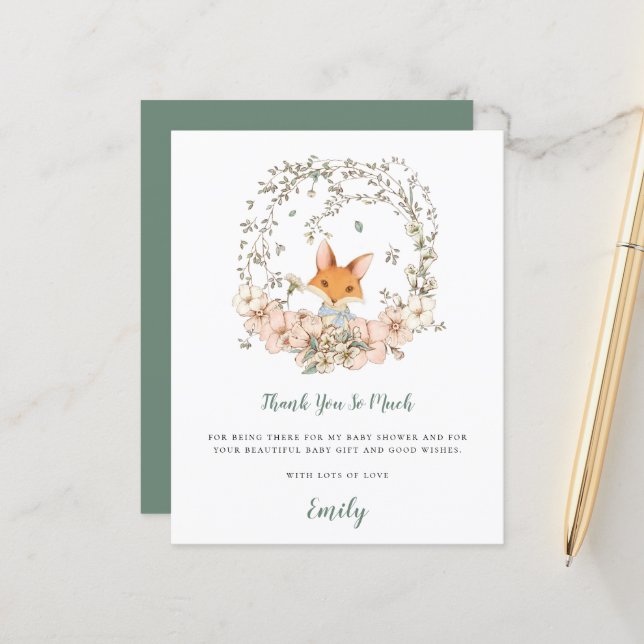 Budget Cute Fox Sage Baby Shower Thank You (Front/Back In Situ)