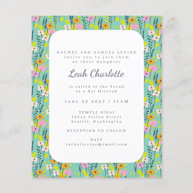 Budget Cute Mint Green Pink Floral Bat Mitzvah (Front)
