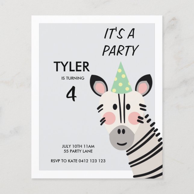 BUDGET Cute Modern Zebra Party Hat Invitation (Front)