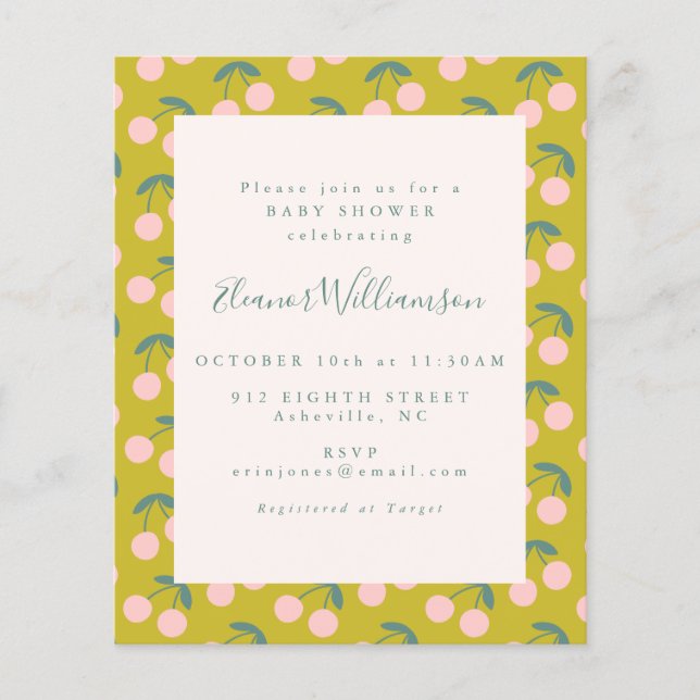 Budget Cute Pink Green Cherry Fruit Baby Shower (Front)