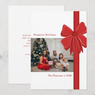Budget Cute Red Ribbon Bow Wrapped Photo Holiday Card
