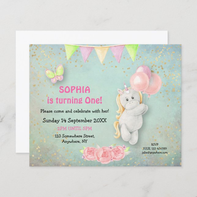 Budget Cute Unicorn First Birthday Invitation (Front/Back)