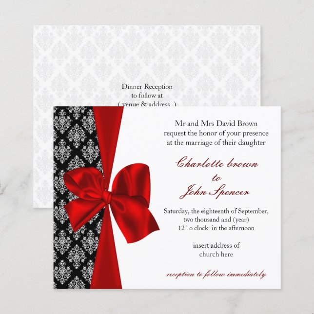 Budget Damask Black Red Wedding Invitation (Front/Back)