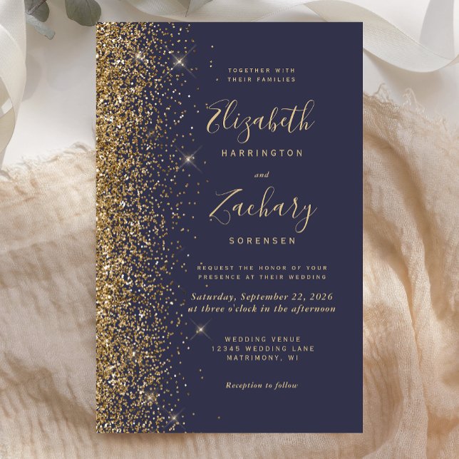 Budget Dark Blue Gold Glitter Wedding Invitation (Creator Uploaded)