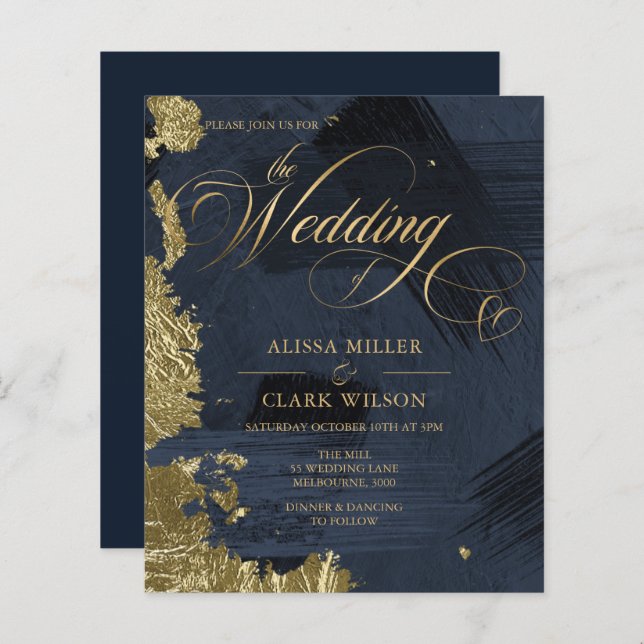 BUDGET Dark Blue, Gold Painterly Wedding Invitatio (Front/Back)