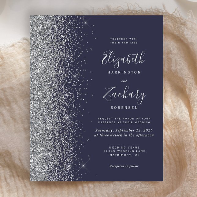 Budget Dark Blue Silver Glitter Wedding Invite (Creator Uploaded)