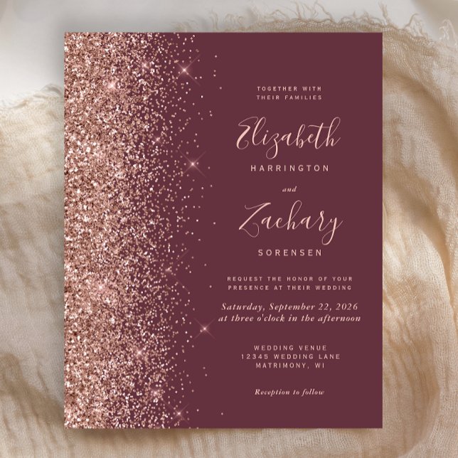 Budget Dark Burgundy Rose Gold Wedding Invitation (Creator Uploaded)