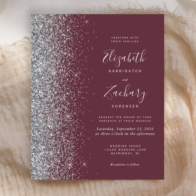 Budget Dark Burgundy Silver Glitter Wedding Invite (Creator Uploaded)