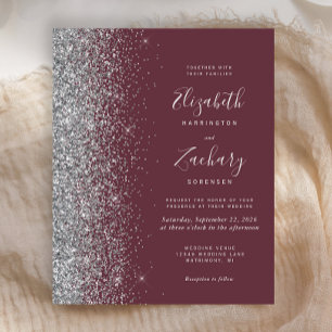 Budget Dark Burgundy Silver Glitter Wedding Invite