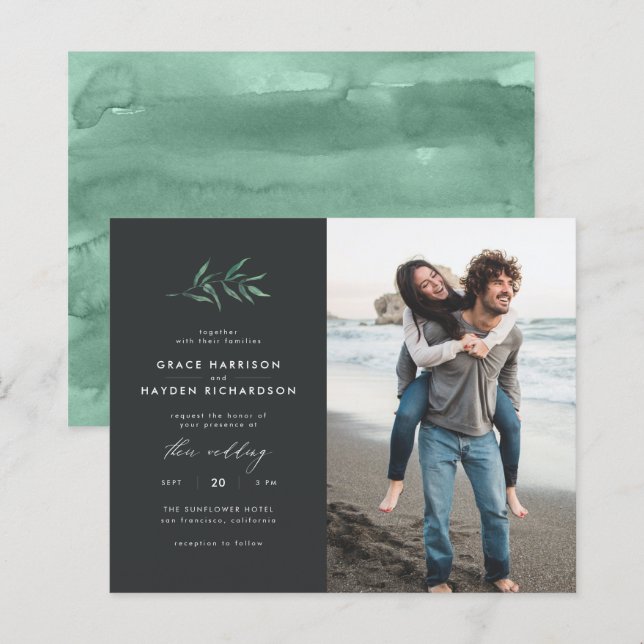 Budget Dark Green Branch Wedding Photo Invitation (Front/Back)