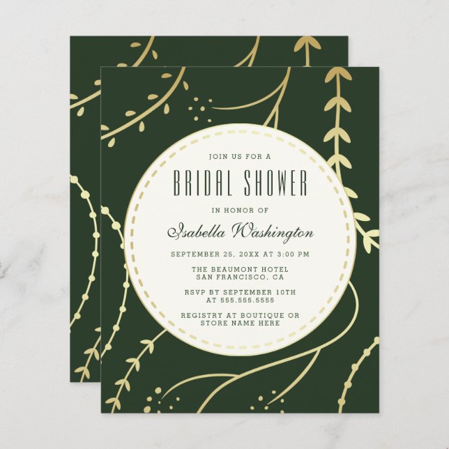Budget Dark Green & Gold Foliage Bridal Shower (Front/Back)