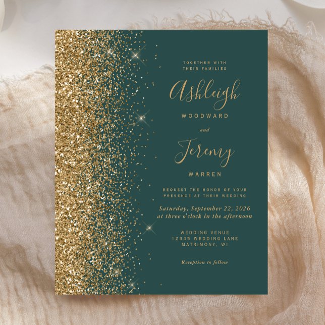 Budget Dark Green Gold Glitter Wedding Invitation (Creator Uploaded)