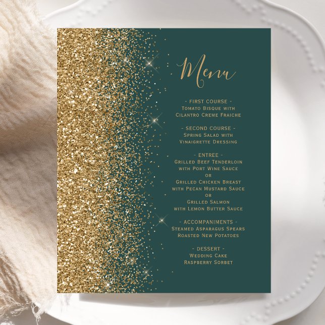 Budget Dark Green Gold Glitter Wedding Menu (Creator Uploaded)