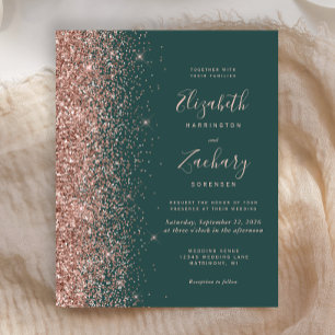Budget Dark Green Rose Gold Wedding Invitation