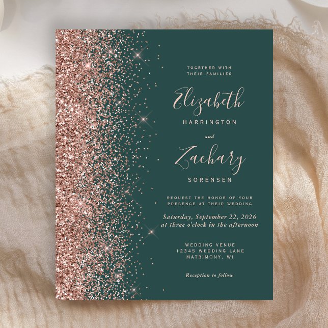 Budget Dark Green Rose Gold Wedding Invitation (Creator Uploaded)