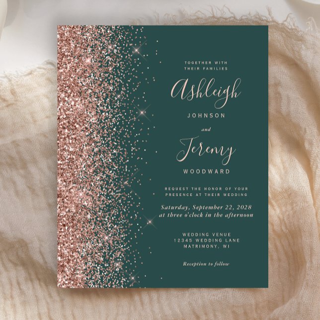 Budget Dark Green Rose Gold Wedding Invitation (Creator Uploaded)