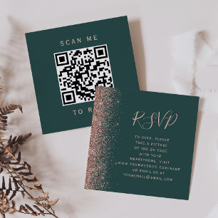 Budget Dark Green Rose Gold Wedding QR Code RSVP Enclosure Card