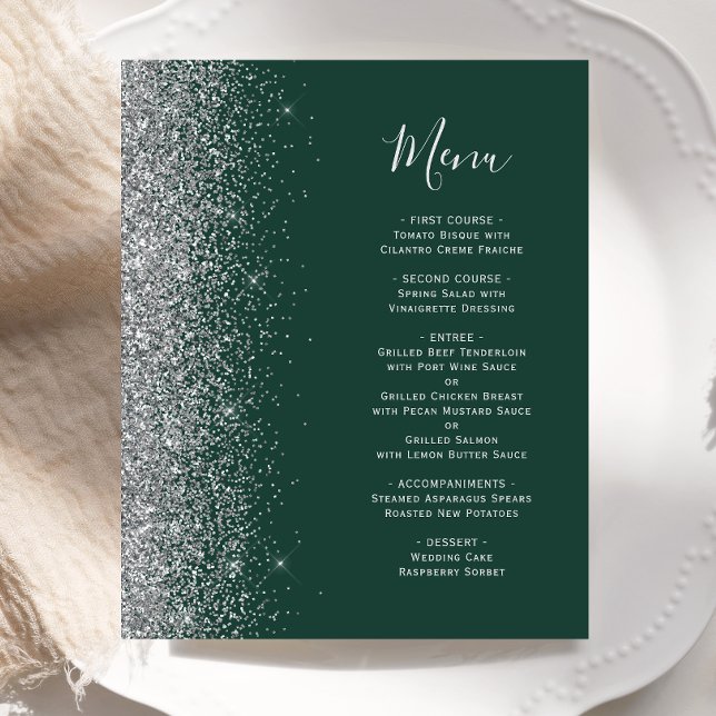 Budget Dark Green Silver Glitter Edge Wedding Menu (Creator Uploaded)