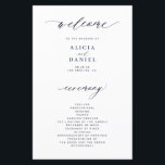 Budget dark navy and white elegant wedding program<br><div class="desc">Modern simple minimalist typography trendy clean white ceremony and party BUDGET affordable wedding program template featuring a chic trendy dark midnight navy blue calligraphy script.              Easy to personalize with your custom text on both sides!</div>