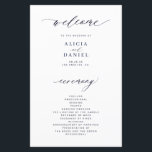 Budget dark navy and white elegant wedding program<br><div class="desc">Modern simple minimalist typography trendy clean white ceremony and party BUDGET affordable wedding program template featuring a chic trendy dark midnight navy blue calligraphy script.              Easy to personalize with your custom text on both sides!</div>