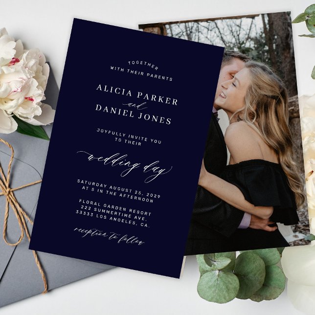 Budget dark navy white photo wedding invitation (Creator Uploaded)