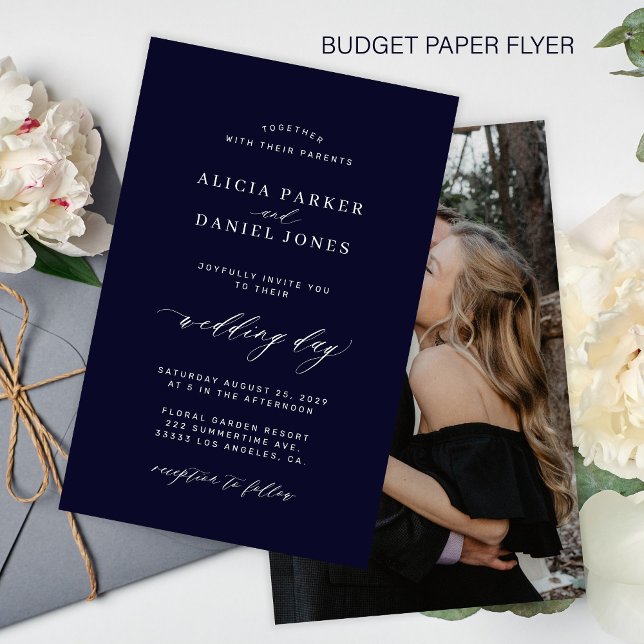 Budget dark navy white photo wedding invitation flyer (Creator Uploaded)