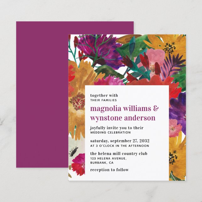 BUDGET Dark Pink Bold Floral Wedding Invitation (Front/Back)