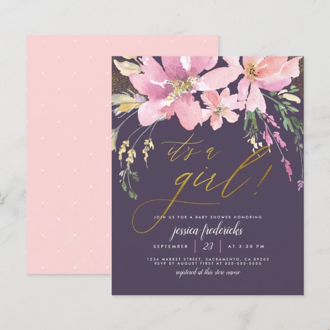 Budget Dark Purple & Gold Girl Floral Baby Shower (Front/Back)
