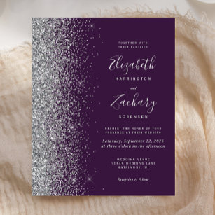 Budget Dark Purple Silver Glitter Wedding Invite