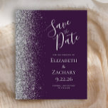 Budget Dark Purple Silver Save the Date Card<br><div class="desc">The left-hand edge of this elegant modern wedding save the date card features a silver faux glitter border. The customizable text combines silver grey handwriting,  copperplate and italic fonts on a dark purple background. The reverse side features a matching purple and silver design.</div>